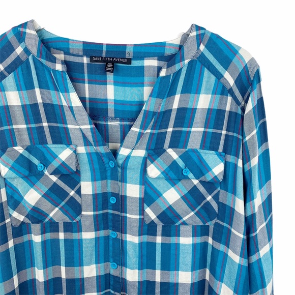 Sak’s Fifth Avenue Plaid Peasant Blouse Button Med - Picture 3 of 5